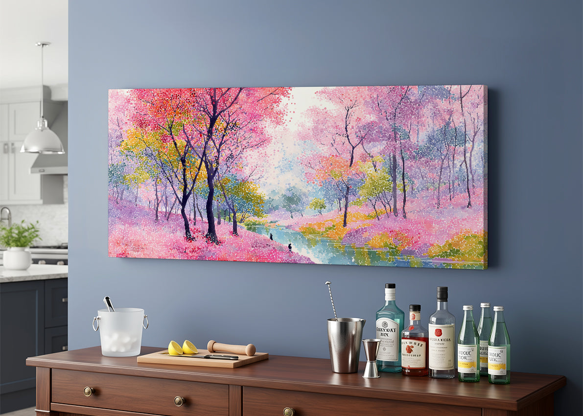 Pink Blossom River Landscape Canvas Wall Art – Colorful Spring Forest Painting – Single & 3 Panel Canvas – AI PRINT LAB