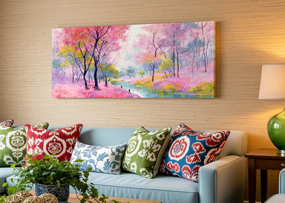 Pink Blossom River Landscape Canvas Wall Art – Colorful Spring Forest Painting – Single & 3 Panel Canvas – AI PRINT LAB