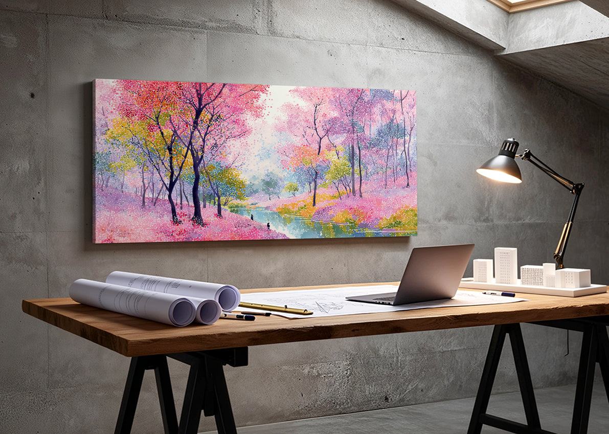 Pink Blossom River Landscape Canvas Wall Art – Colorful Spring Forest Painting – Single & 3 Panel Canvas – AI PRINT LAB