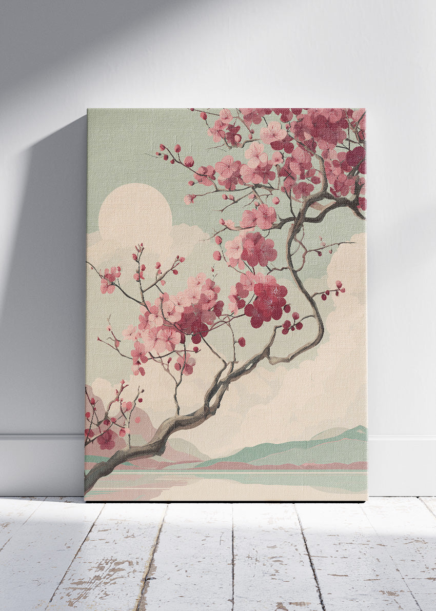 Pink Cherry Blossom Sunset Wall Art – Japandi Landscape Canvas Print | Soft Sage Nature Poster