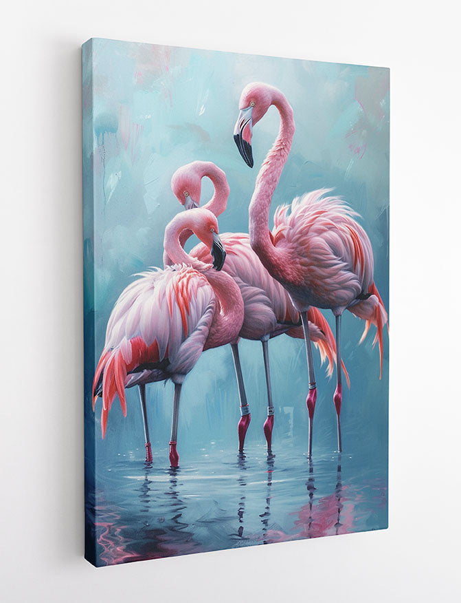 Pink Flamingos in Water – Elegant Bird Canvas Wall Art Print – T972 – AiPrintLab