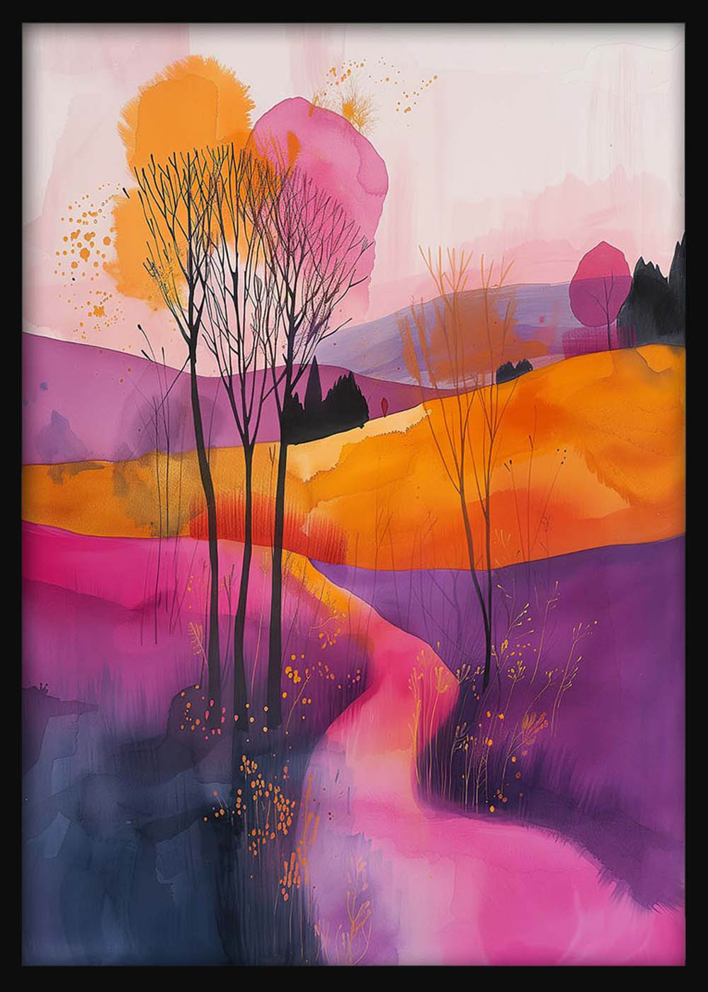 Pink & Orange Watercolor Hills – Dreamy Abstract Landscape Canvas & Poster Wall Art – T1221 – AiPrintLab