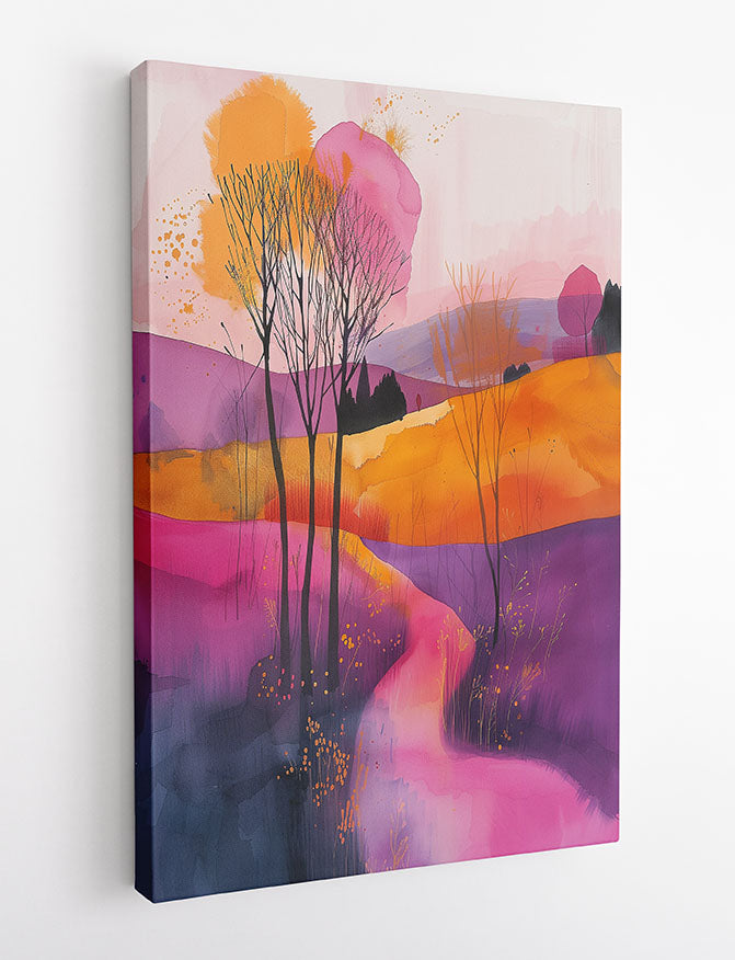 Pink & Orange Watercolor Hills – Dreamy Abstract Landscape Canvas & Poster Wall Art – T1221 – AiPrintLab