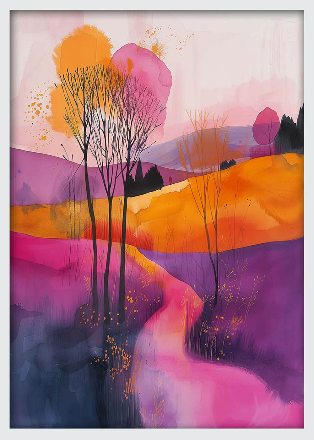 Pink & Orange Watercolor Hills – Dreamy Abstract Landscape Canvas & Poster Wall Art – T1221 – AiPrintLab