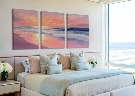 Pink Sunset Ocean Waves Canvas Wall Art – Single & 3 Panel Canvas – AI PRINT LAB