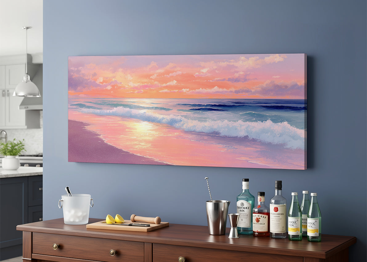Pink Sunset Ocean Waves Canvas Wall Art – Single & 3 Panel Canvas – AI PRINT LAB