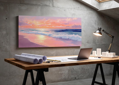 Pink Sunset Ocean Waves Canvas Wall Art – Single & 3 Panel Canvas – AI PRINT LAB