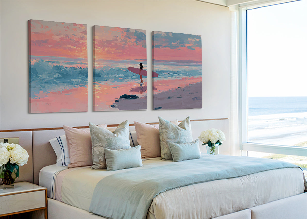 Pink Sunset Surfer Beach Canvas Wall Art – Single & 3 Panel Canvas – AI PRINT LAB