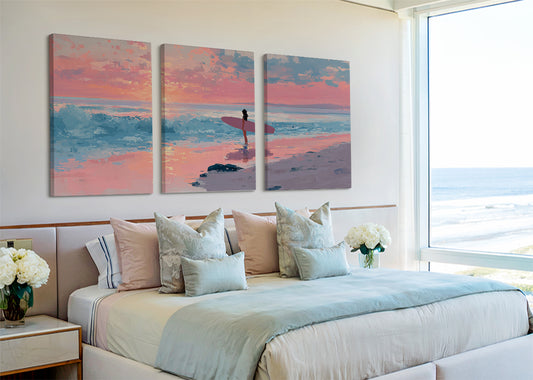 Pink Sunset Surfer Beach Canvas Wall Art – Single & 3 Panel Canvas – AI PRINT LAB