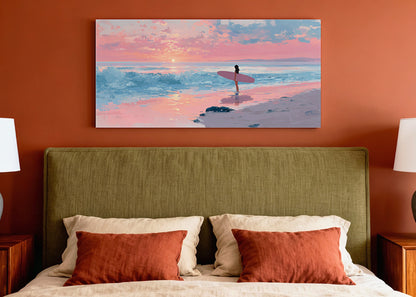 Pink Sunset Surfer Beach Canvas Wall Art – Single & 3 Panel Canvas – AI PRINT LAB