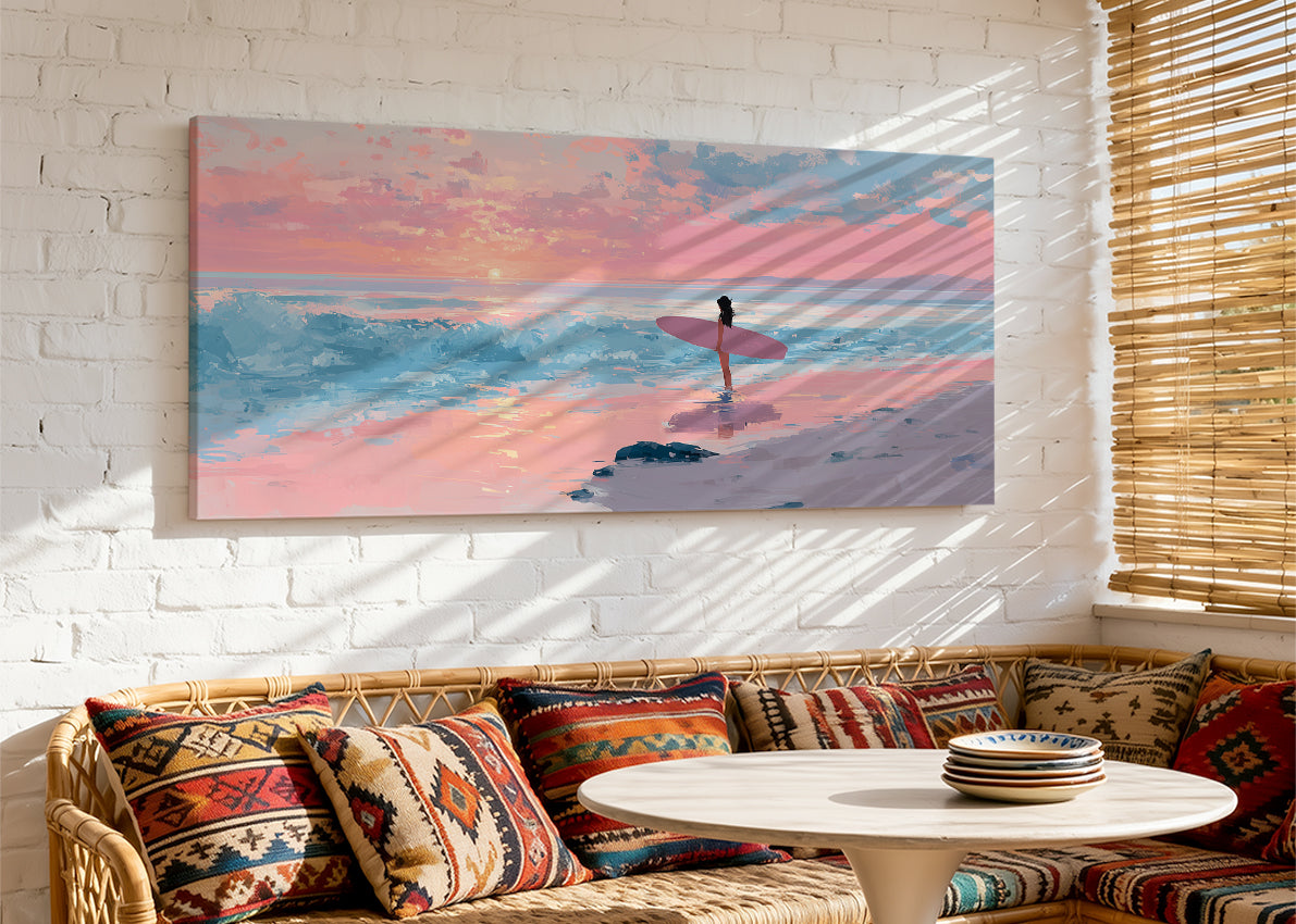 Pink Sunset Surfer Beach Canvas Wall Art – Single & 3 Panel Canvas – AI PRINT LAB