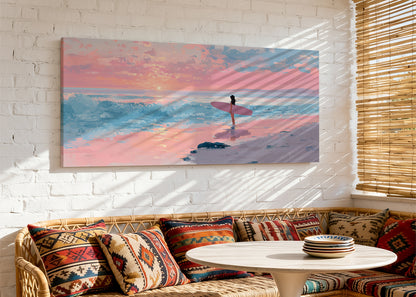 Pink Sunset Surfer Beach Canvas Wall Art – Single & 3 Panel Canvas – AI PRINT LAB