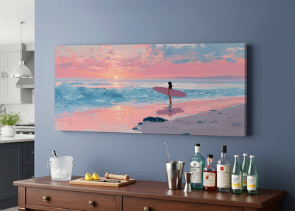 Pink Sunset Surfer Beach Canvas Wall Art – Single & 3 Panel Canvas – AI PRINT LAB
