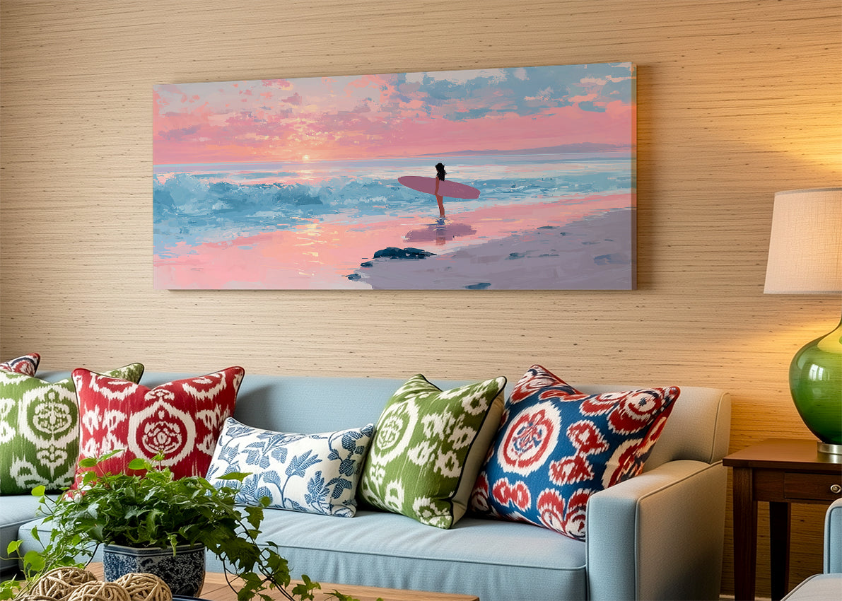 Pink Sunset Surfer Beach Canvas Wall Art – Single & 3 Panel Canvas – AI PRINT LAB