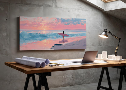 Pink Sunset Surfer Beach Canvas Wall Art – Single & 3 Panel Canvas – AI PRINT LAB