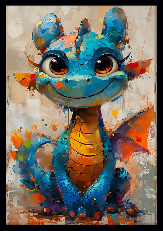 Playful Baby Dragon in Blue & Orange – Whimsical Fantasy Poster & Canvas Wall Art – T914 – AiPrintLab