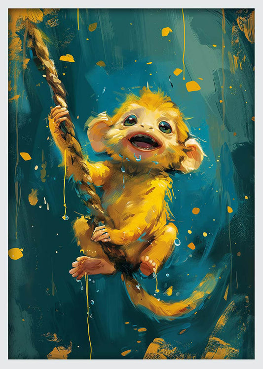 Playful Baby Monkey Swinging – Cute Jungle Animal Canvas & Poster Wall Art – T1267 – AiPrintLab