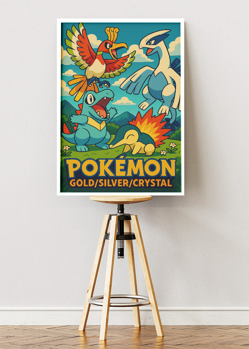 Pokémon Gold Silver Crystal Wall Art | Johto Legendary Ho-Oh Lugia Retro Gaming Poster & Canvas