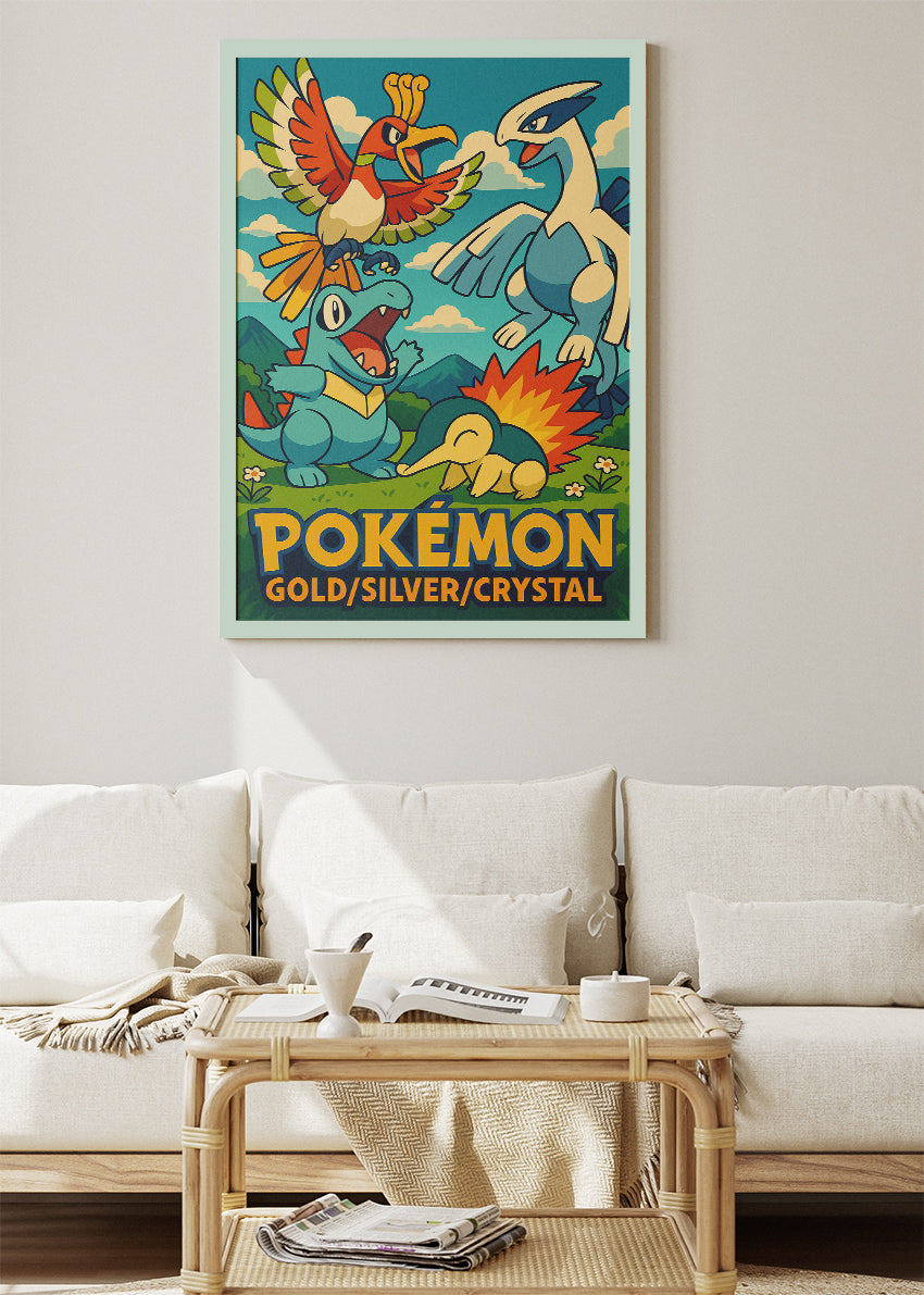 Pokémon Gold Silver Crystal Wall Art | Johto Legendary Ho-Oh Lugia Retro Gaming Poster & Canvas