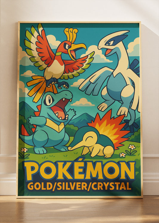 Pokémon Gold Silver Crystal Wall Art | Johto Legendary Ho-Oh Lugia Retro Gaming Poster & Canvas