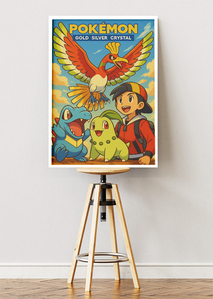 Pokémon Gold Silver Crystal Wall Art | Johto Region Ho-Oh Chikorita Totodile Retro Gaming Poster & Canvas