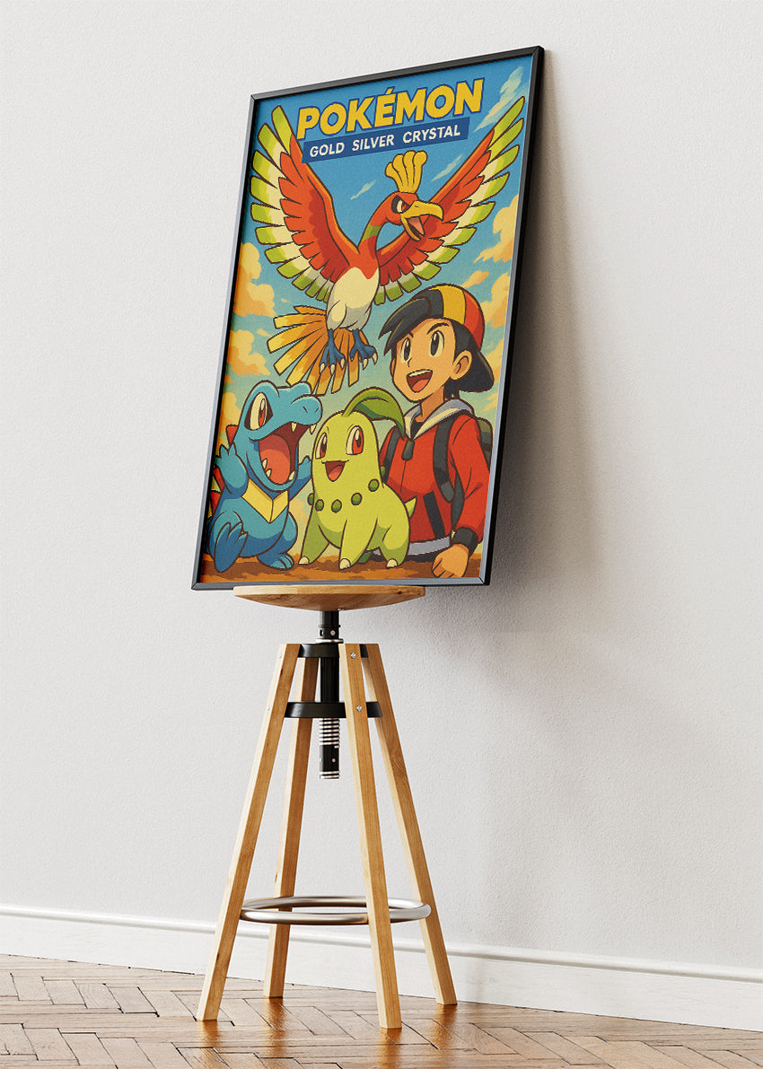 Pokémon Gold Silver Crystal Wall Art | Johto Region Ho-Oh Chikorita Totodile Retro Gaming Poster & Canvas
