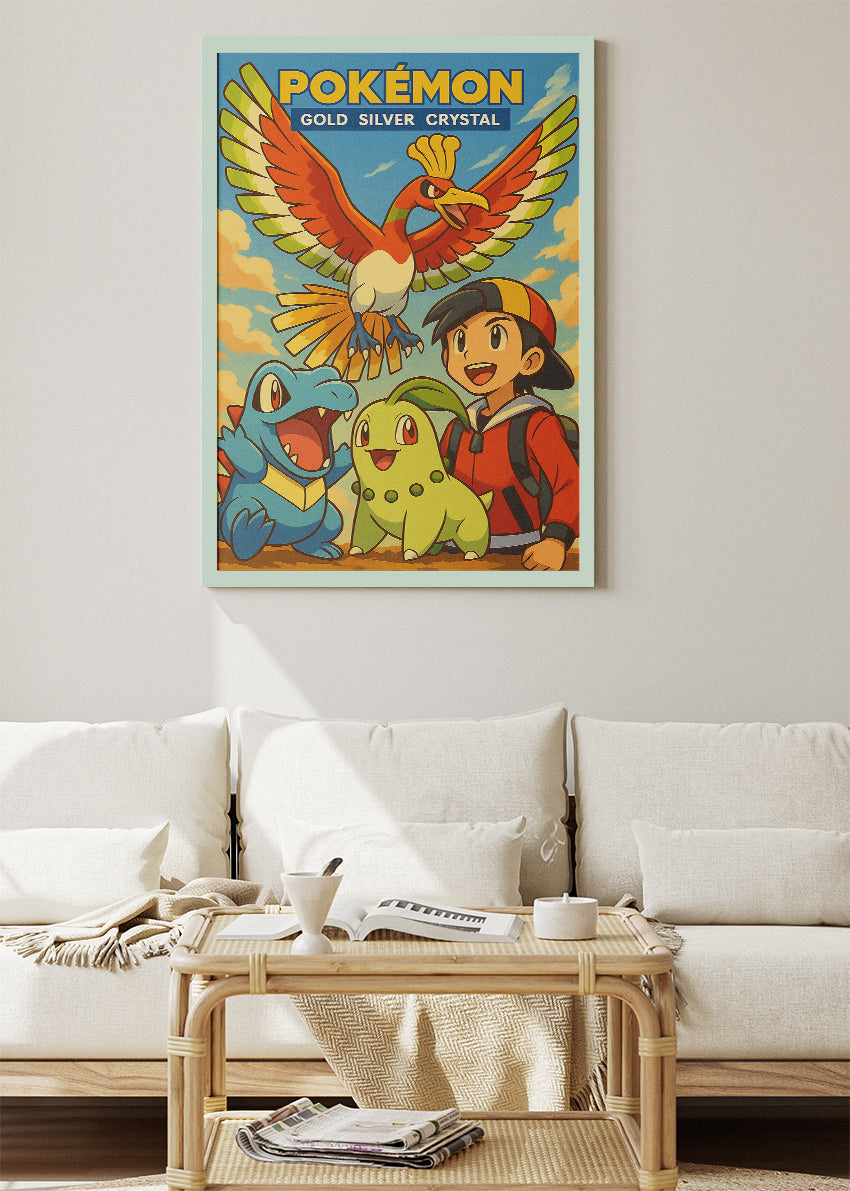 Pokémon Gold Silver Crystal Wall Art | Johto Region Ho-Oh Chikorita Totodile Retro Gaming Poster & Canvas