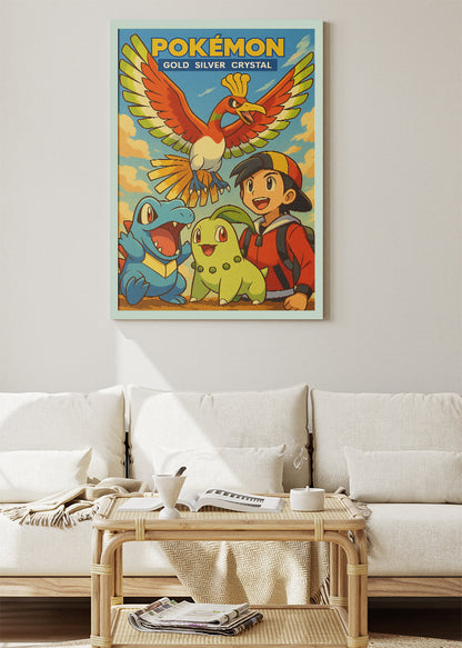 Pokémon Gold Silver Crystal Wall Art | Johto Region Ho-Oh Chikorita Totodile Retro Gaming Poster & Canvas