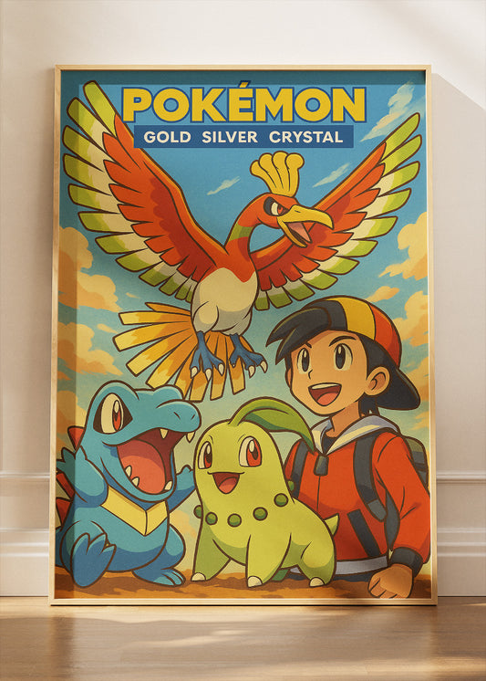 Pokémon Gold Silver Crystal Wall Art | Johto Region Ho-Oh Chikorita Totodile Retro Gaming Poster & Canvas
