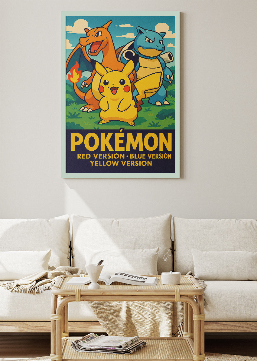 Pokémon Red Blue Yellow Wall Art | Classic Starter Trio Gaming Poster & Canvas