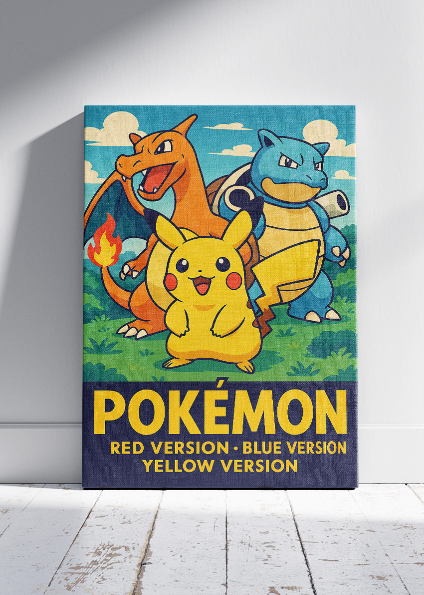 Pokémon Red Blue Yellow Wall Art | Classic Starter Trio Gaming Poster & Canvas
