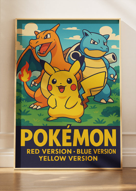 Pokémon Red Blue Yellow Wall Art | Classic Starter Trio Gaming Poster & Canvas