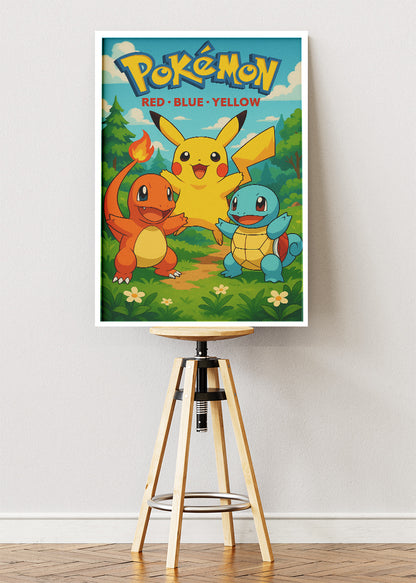 Pokémon Red Blue Yellow Wall Art | Pikachu Charmander Squirtle Classic Gaming Poster & Canvas