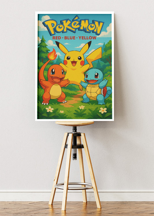 Pokémon Red Blue Yellow Wall Art | Pikachu Charmander Squirtle Classic Gaming Poster & Canvas