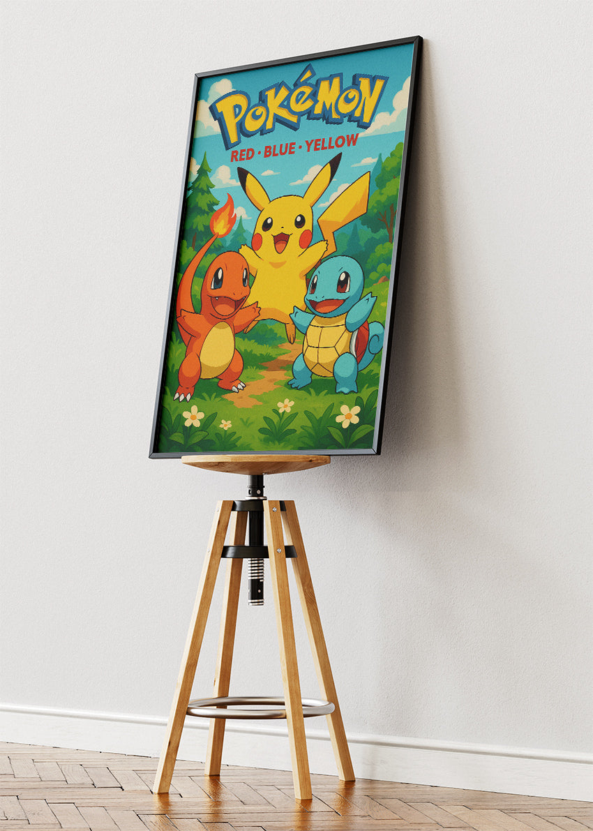 Pokémon Red Blue Yellow Wall Art | Pikachu Charmander Squirtle Classic Gaming Poster & Canvas