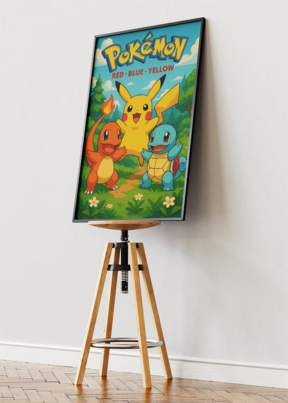 Pokémon Red Blue Yellow Wall Art | Pikachu Charmander Squirtle Classic Gaming Poster & Canvas