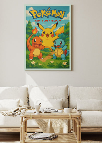 Pokémon Red Blue Yellow Wall Art | Pikachu Charmander Squirtle Classic Gaming Poster & Canvas