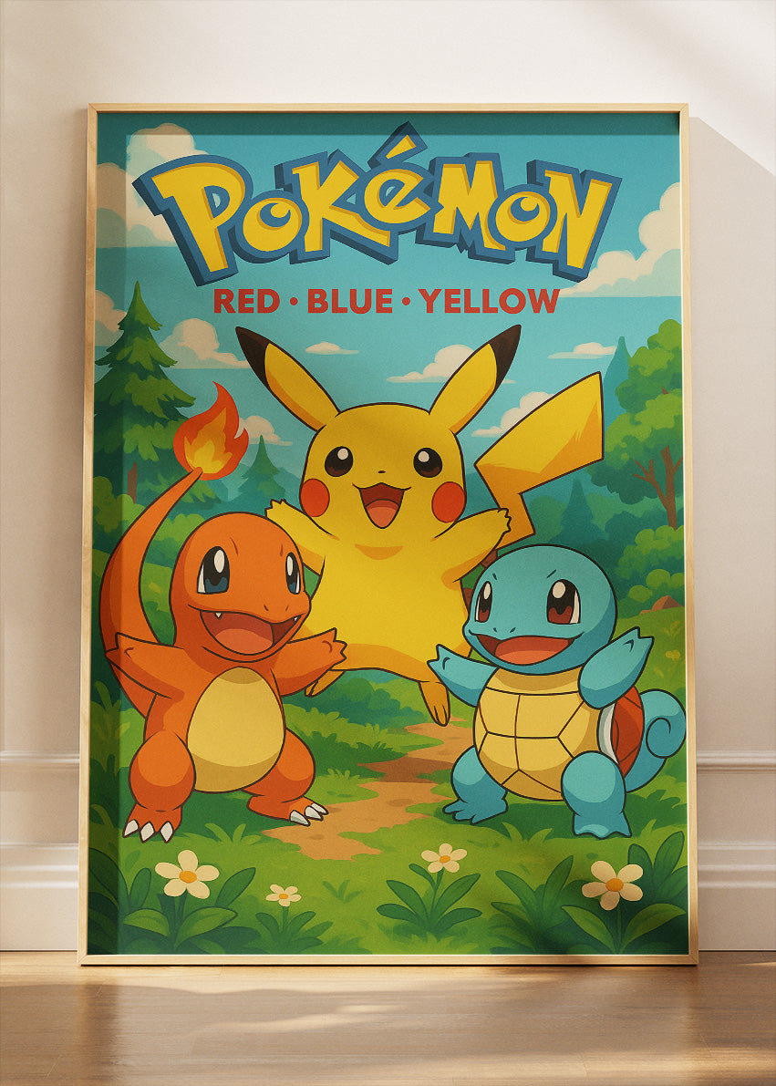 Pokémon Red Blue Yellow Wall Art | Pikachu Charmander Squirtle Classic Gaming Poster & Canvas