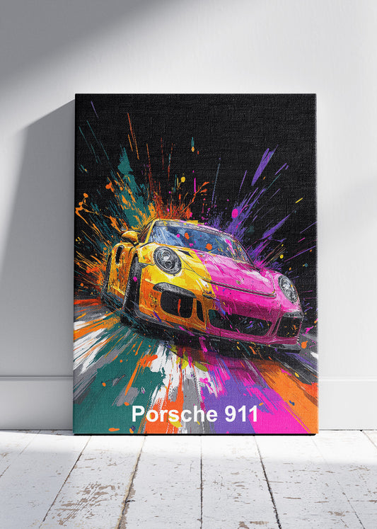 Porsche 911 Neon Splash Canvas Print & Poster – Modern Sports Car Wall Art – AI PRINT LAB