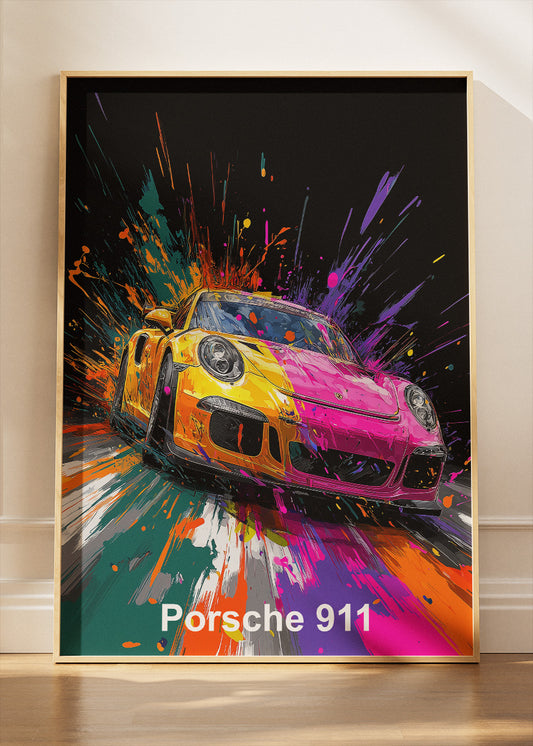 Porsche 911 Neon Splash Canvas Print & Poster – Modern Sports Car Wall Art – AI PRINT LAB