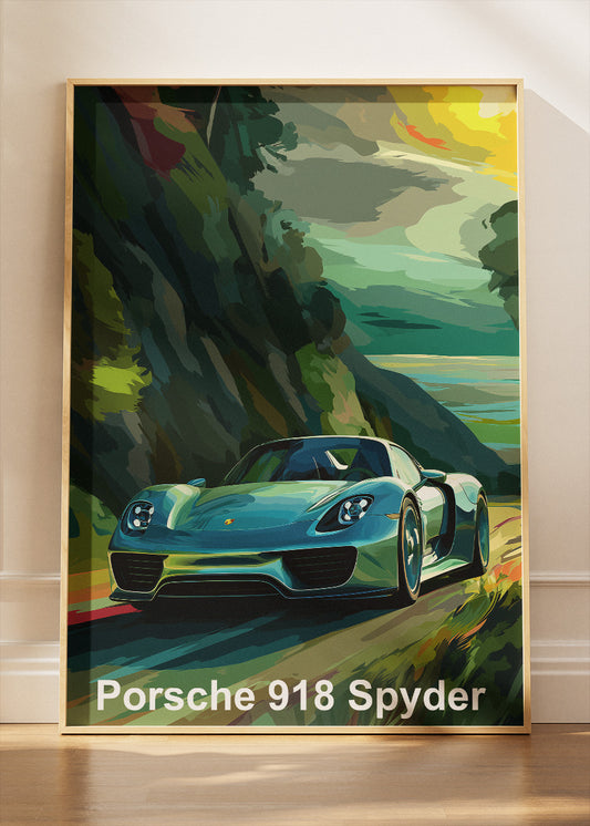 Porsche 918 Spyder Scenic Drive Canvas Print & Poster – Luxury Hypercar Landscape Wall Art – AI PRINT LAB