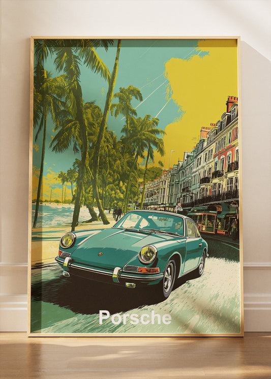 Porsche Riviera Vintage Canvas Print & Poster – Classic Car Coastal Wall Art – AI PRINT LAB