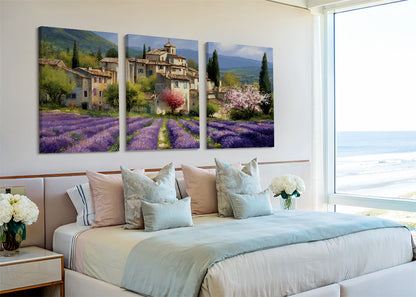Provence Lavender Village Landscape Canvas Wall Art – Single & 3 Panel Split – AI PRINT LAB