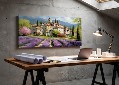 Provence Lavender Village Landscape Canvas Wall Art – Single & 3 Panel Split – AI PRINT LAB