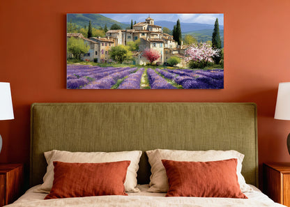 Provence Lavender Village Landscape Canvas Wall Art – Single & 3 Panel Split – AI PRINT LAB