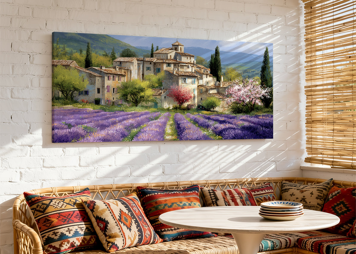 Provence Lavender Village Landscape Canvas Wall Art – Single & 3 Panel Split – AI PRINT LAB
