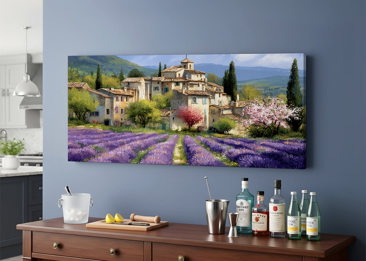 Provence Lavender Village Landscape Canvas Wall Art – Single & 3 Panel Split – AI PRINT LAB