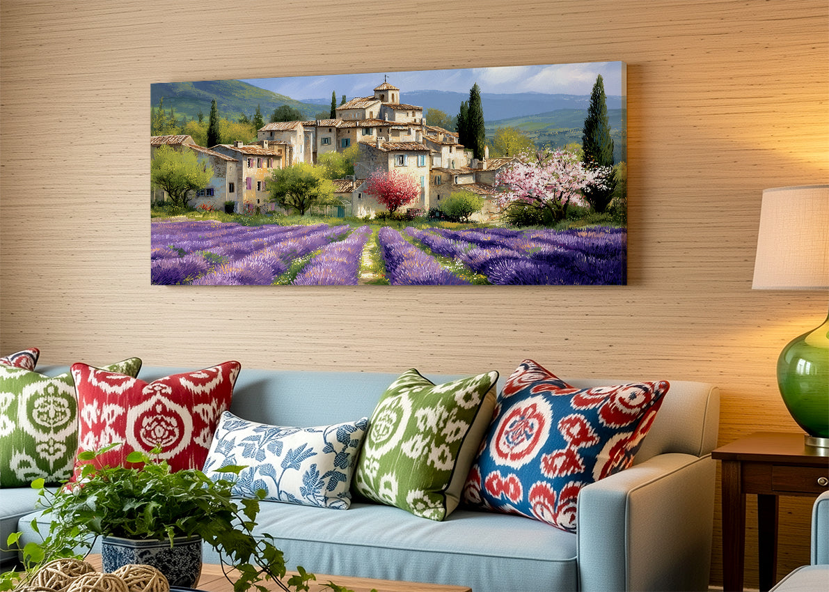 Provence Lavender Village Landscape Canvas Wall Art – Single & 3 Panel Split – AI PRINT LAB