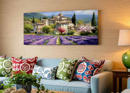 Provence Lavender Village Landscape Canvas Wall Art – Single & 3 Panel Split – AI PRINT LAB