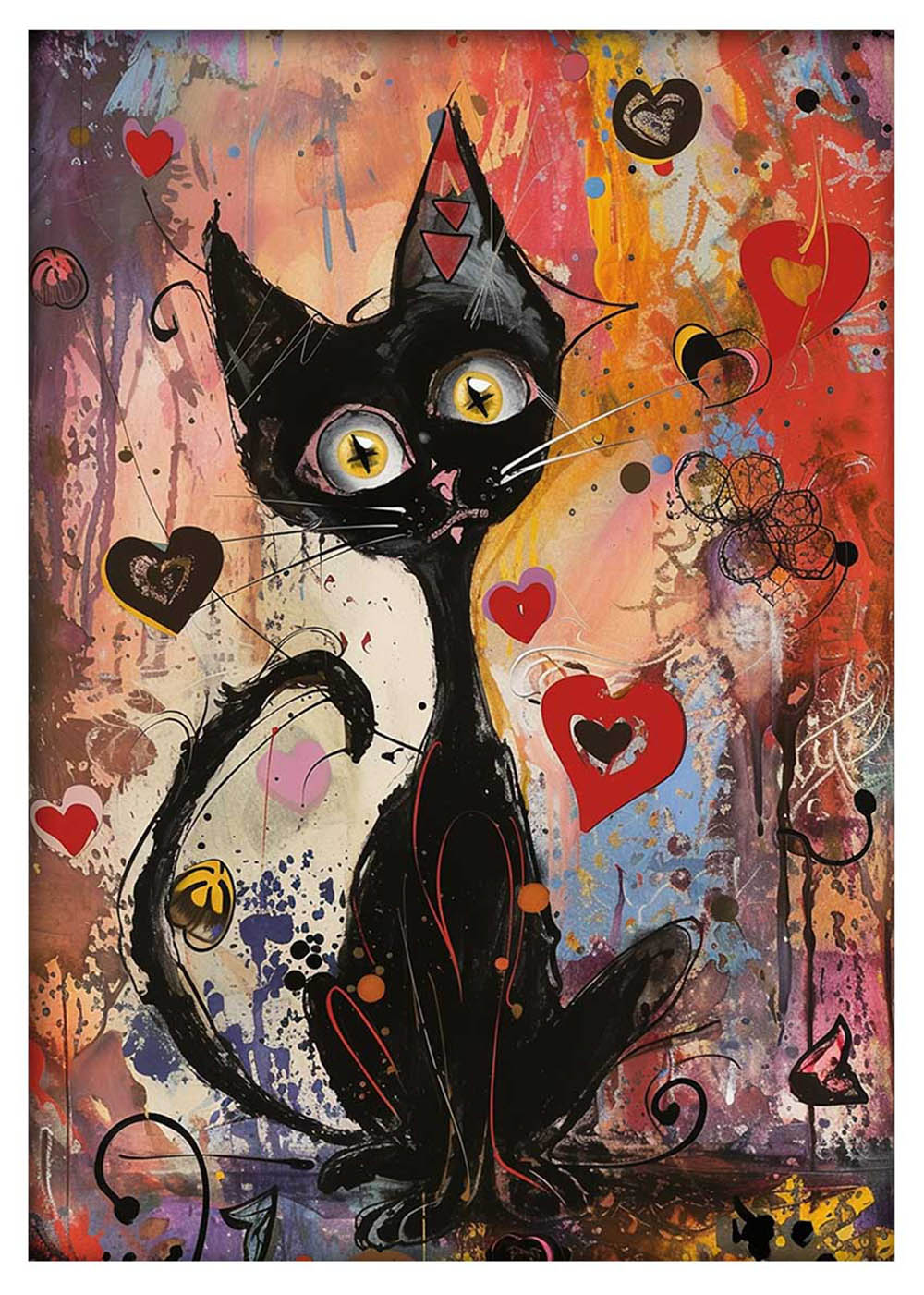 Psychedelic Love Cat – Bold Abstract Black Cat Canvas & Poster Art – T981 – AiPrintLab